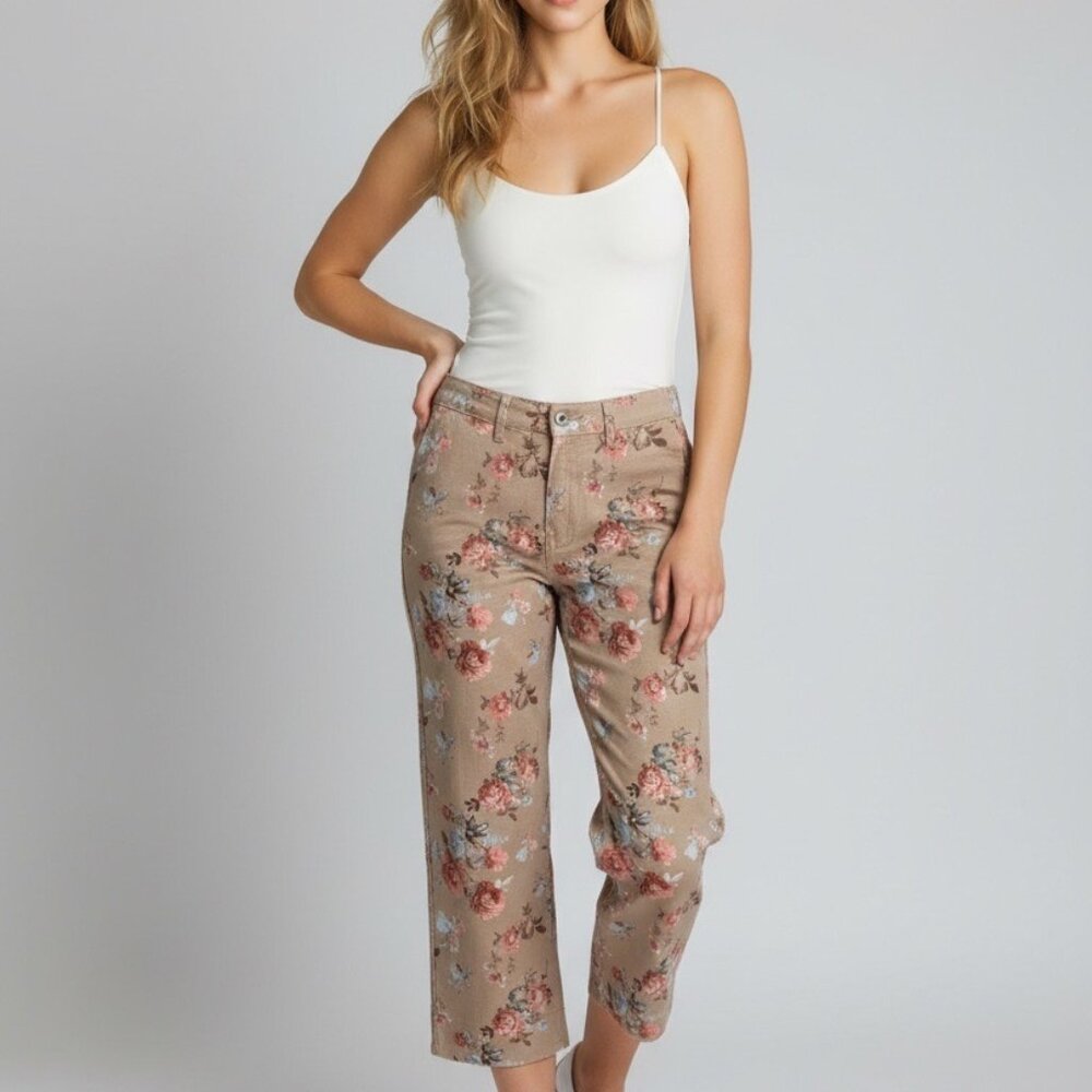 LOVEIMGS Floral Print Wide Leg Cropped Trendy Mid Rise Boho Jeans for Women - XL
